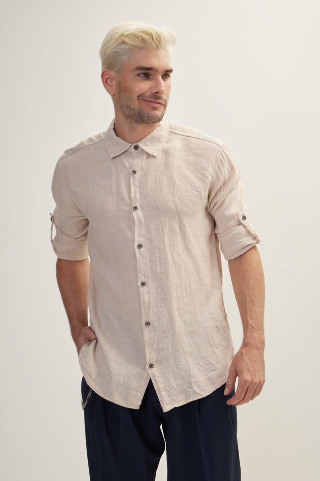 Men's Point Collar Linen Shirt - Beige | Ron Tomson