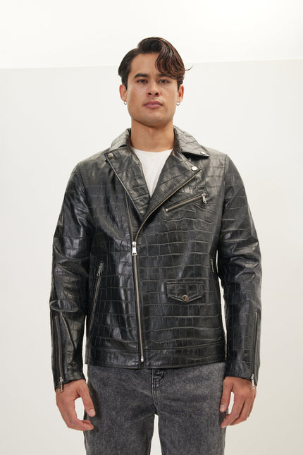 Men's Asymmetric Leather Motorcycle Jacket - Black | Ron Tomson