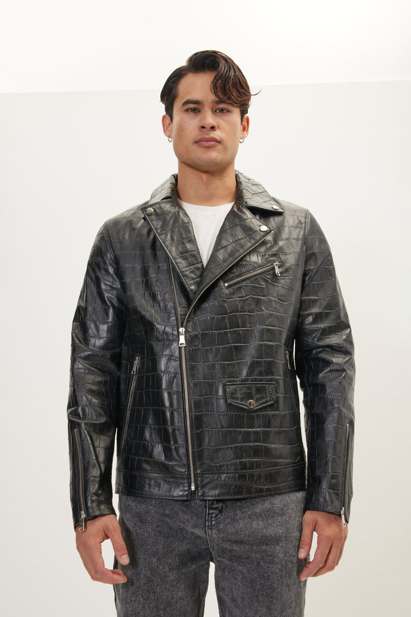 Men's Asymmetric Leather Motorcycle Jacket - Black | Ron Tomson