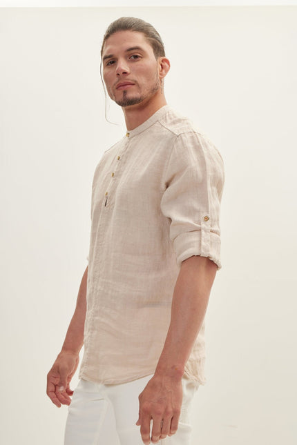 Men's Mandarin Collar Linen Shirt - Beige | Ron Tomson