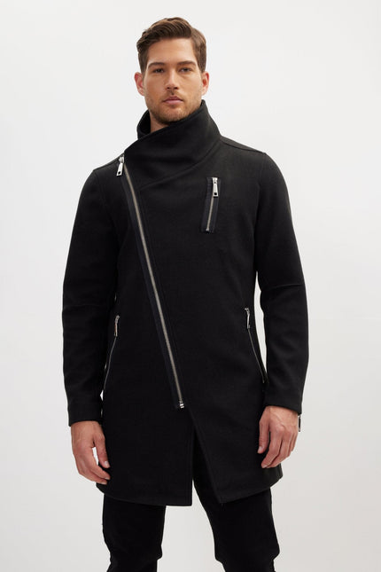 Men's Asymmetrical Faux Shearling Overcoat - Black | Ron Tomson
