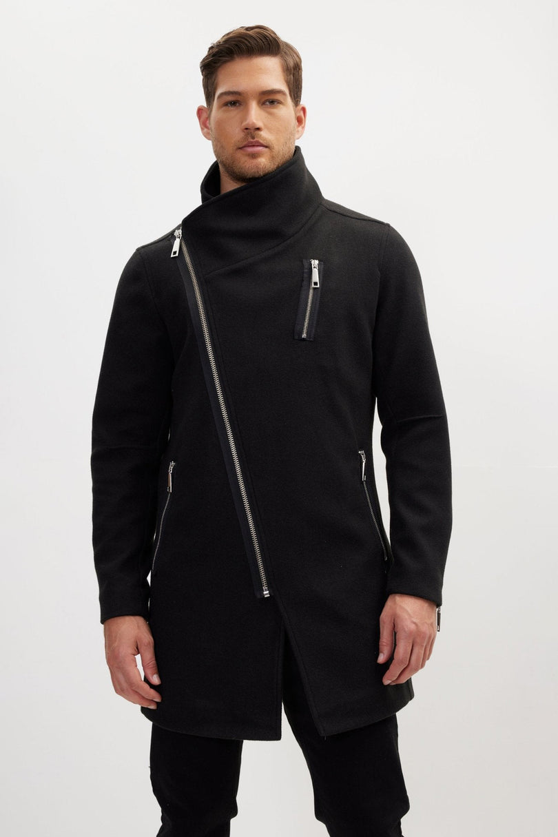 Men's Asymmetrical Faux Shearling Overcoat - Black | Ron Tomson