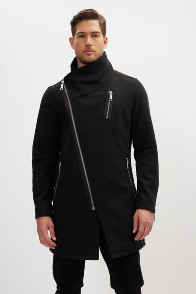 Men's Asymmetrical Zipper Closure Overcoat - Black | Ron Tomson