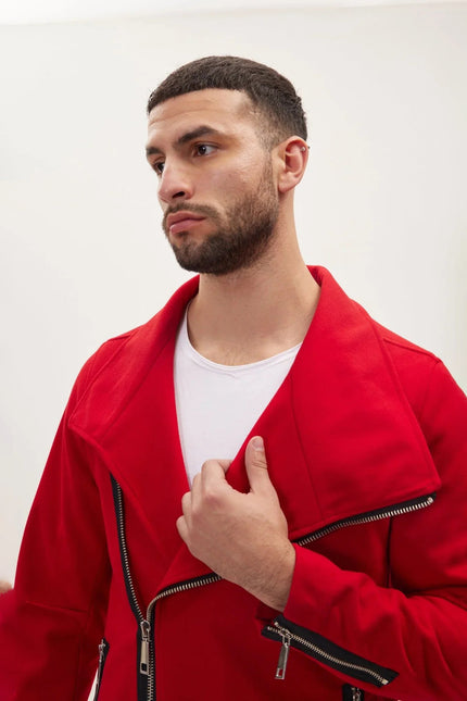 Men's Asymmetrical Zip Overcoat - Red | Ron Tomson