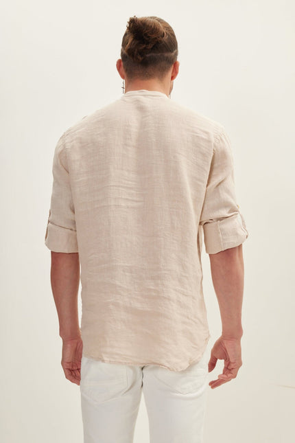 Men's Mandarin Collar Linen Shirt - Beige | Ron Tomson