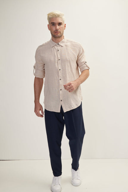 Men's Point Collar Linen Shirt - Beige | Ron Tomson