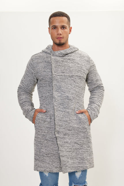 Men's Long Hooded Cardigan - White Black | Ron Tomson