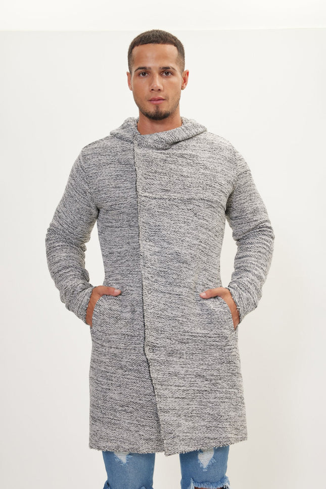 Men's Long Hooded Cardigan - White Black | Ron Tomson