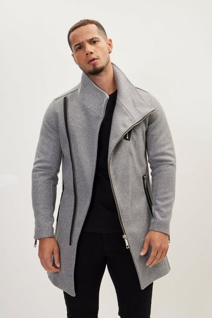 Men's Asymmetrical Faux Shearling Overcoat - Grey | Ron Tomson