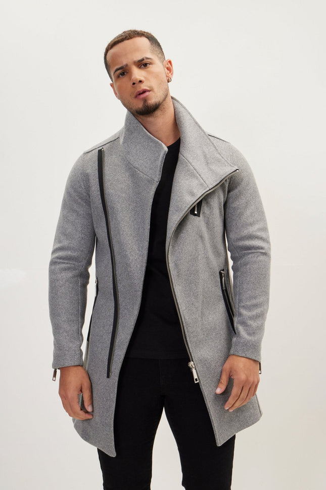 Men's Asymmetrical Faux Shearling Overcoat - Grey | Ron Tomson
