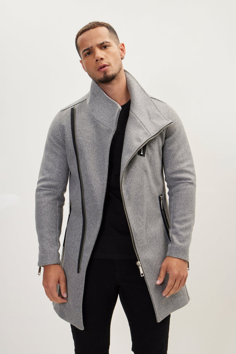 Men's Asymmetrical Faux Shearling Overcoat - Grey | Ron Tomson
