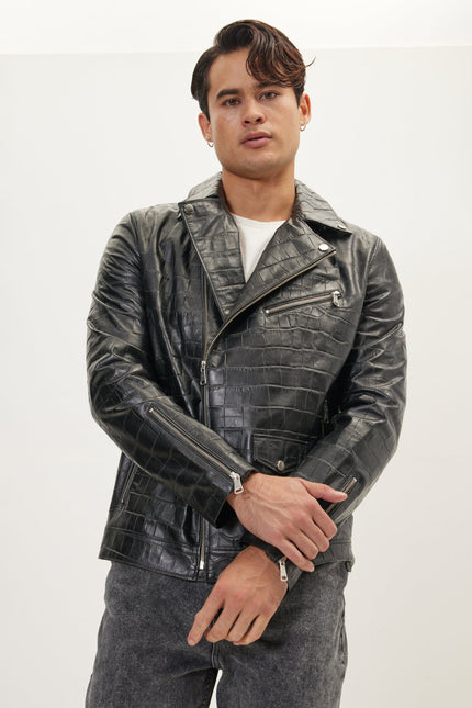 Men's Asymmetric Leather Motorcycle Jacket - Black | Ron Tomson