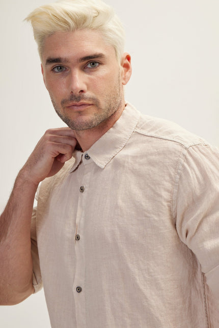 Men's Point Collar Linen Shirt - Beige | Ron Tomson
