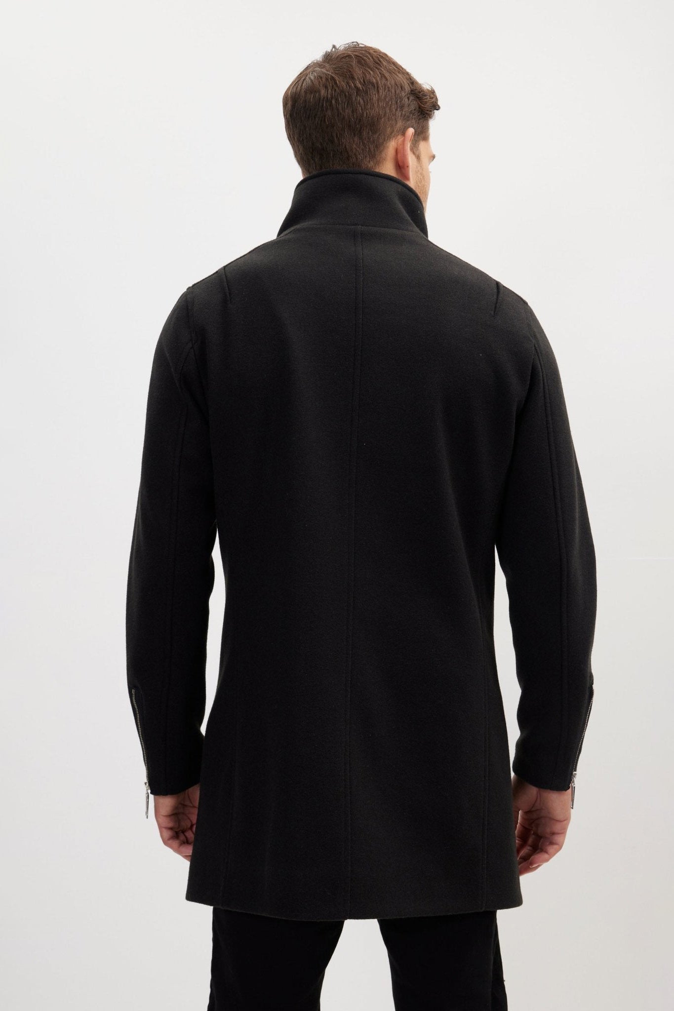 Men's Asymmetrical Faux Shearling Overcoat - Black | Ron Tomson