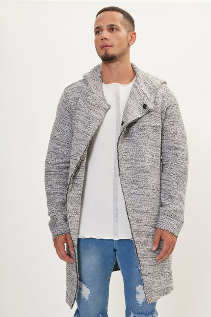 Men's Long Hooded Cardigan - White Black | Ron Tomson