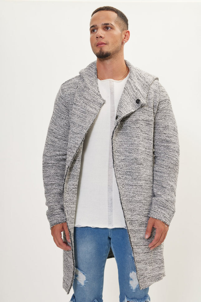 Men's Long Hooded Cardigan - White Black | Ron Tomson