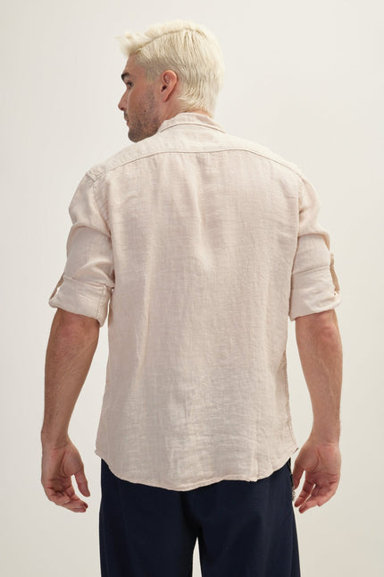 Men's Point Collar Linen Shirt - Beige | Ron Tomson