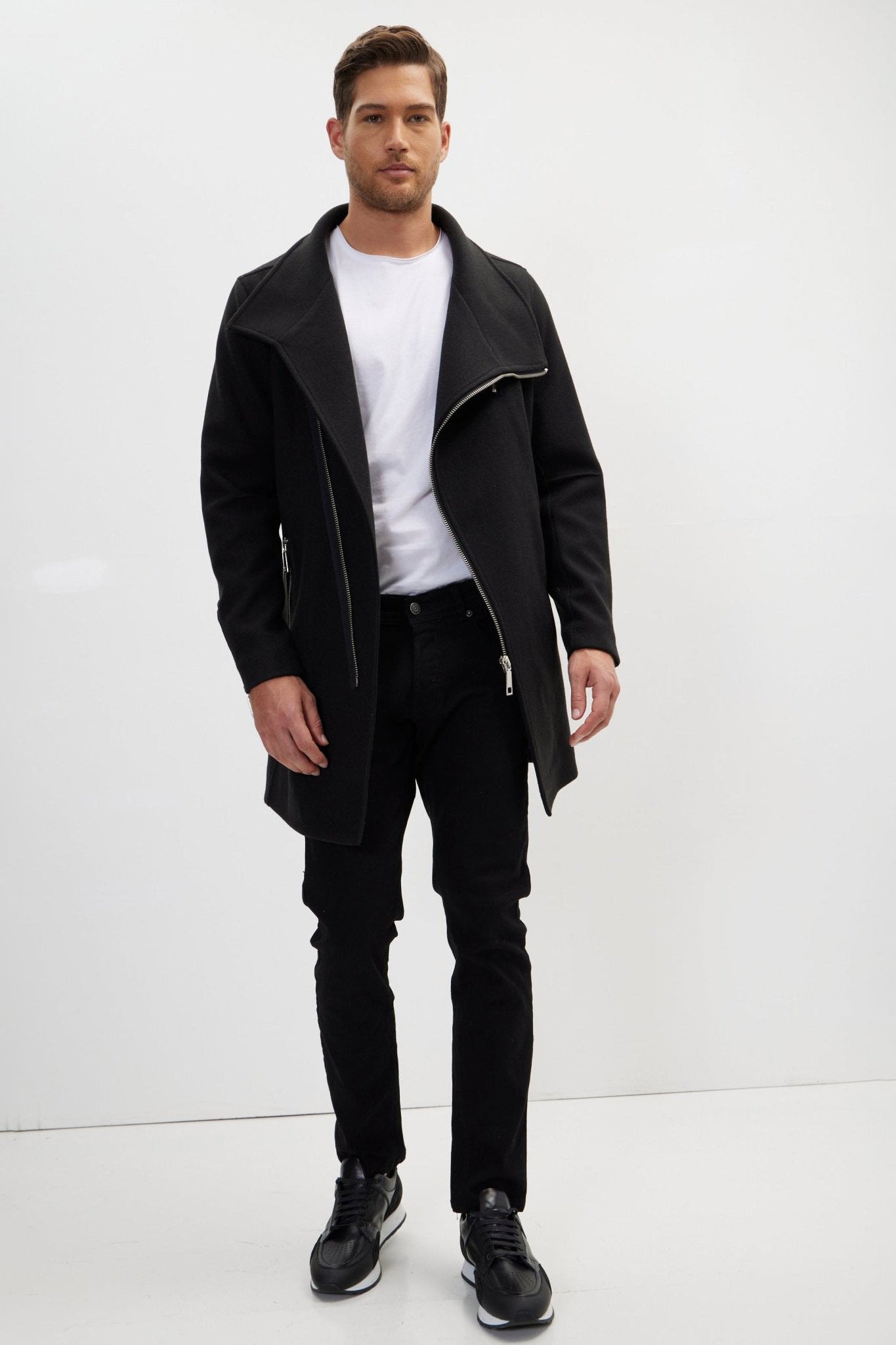 Men's Asymmetrical Faux Shearling Overcoat - Black | Ron Tomson