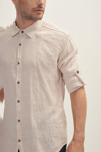 Men's Point Collar Linen Shirt - Beige | Ron Tomson