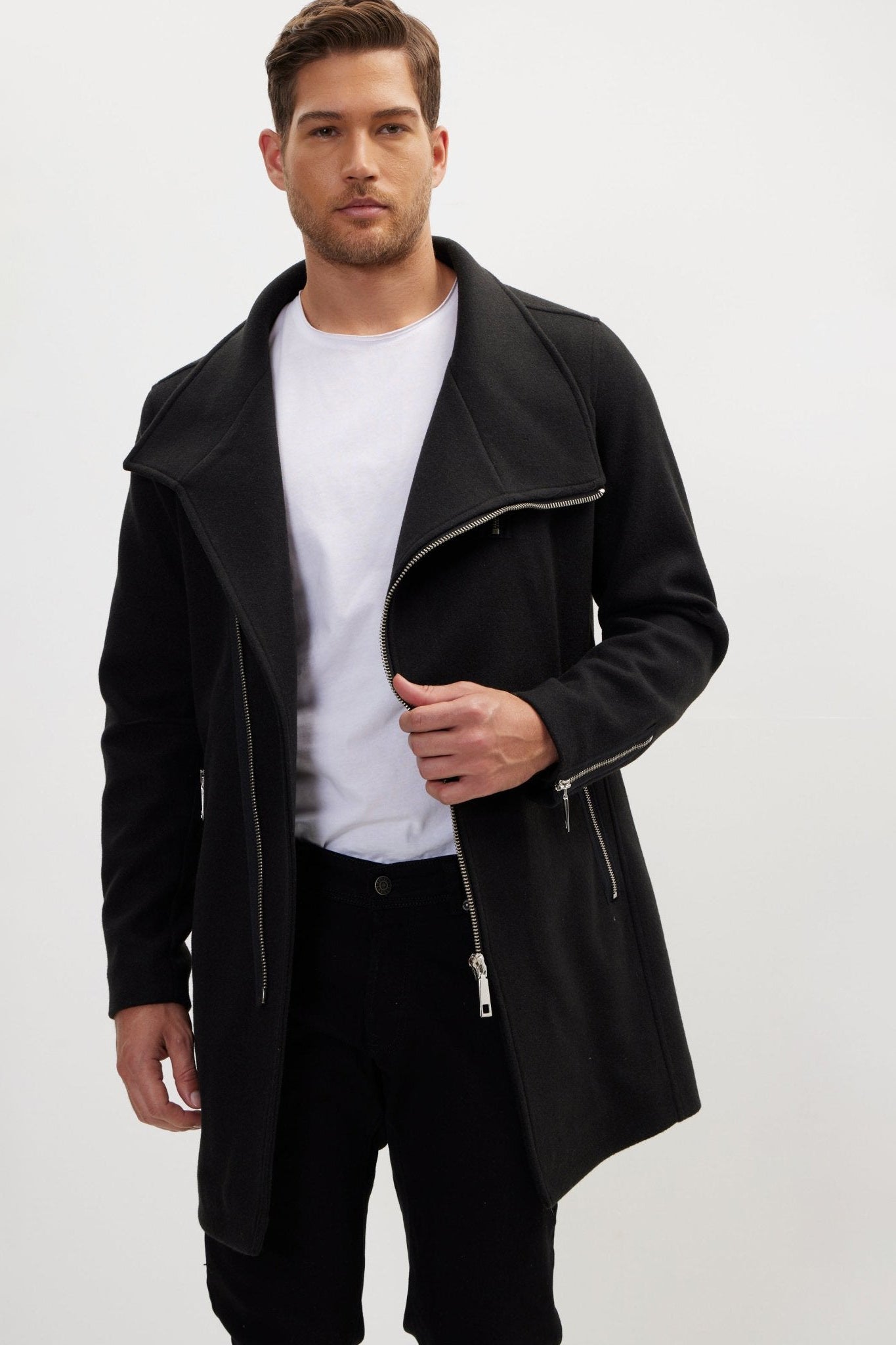 Men's Asymmetrical Faux Shearling Overcoat - Black | Ron Tomson
