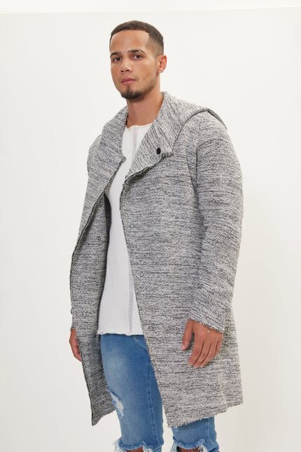 Men's Long Hooded Cardigan - White Black | Ron Tomson