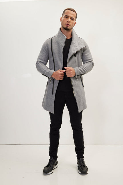 Men's Asymmetrical Faux Shearling Overcoat - Grey | Ron Tomson