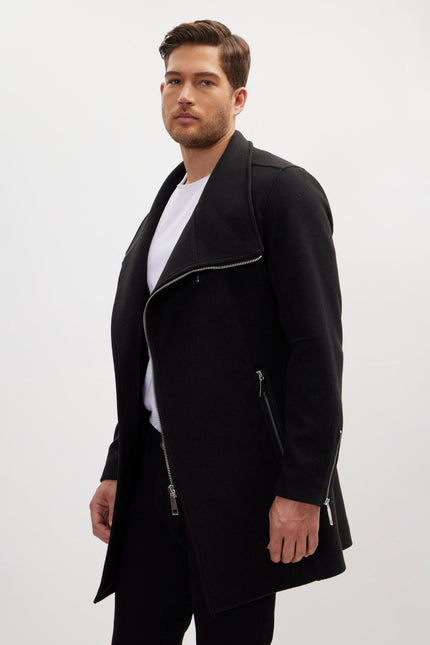 Men's Asymmetrical Faux Shearling Overcoat - Black | Ron Tomson