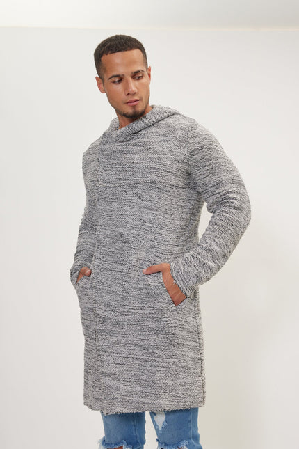 Men's Long Hooded Cardigan - White Black | Ron Tomson