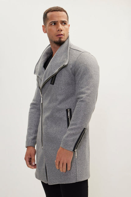 Men's Asymmetrical Faux Shearling Overcoat - Grey | Ron Tomson