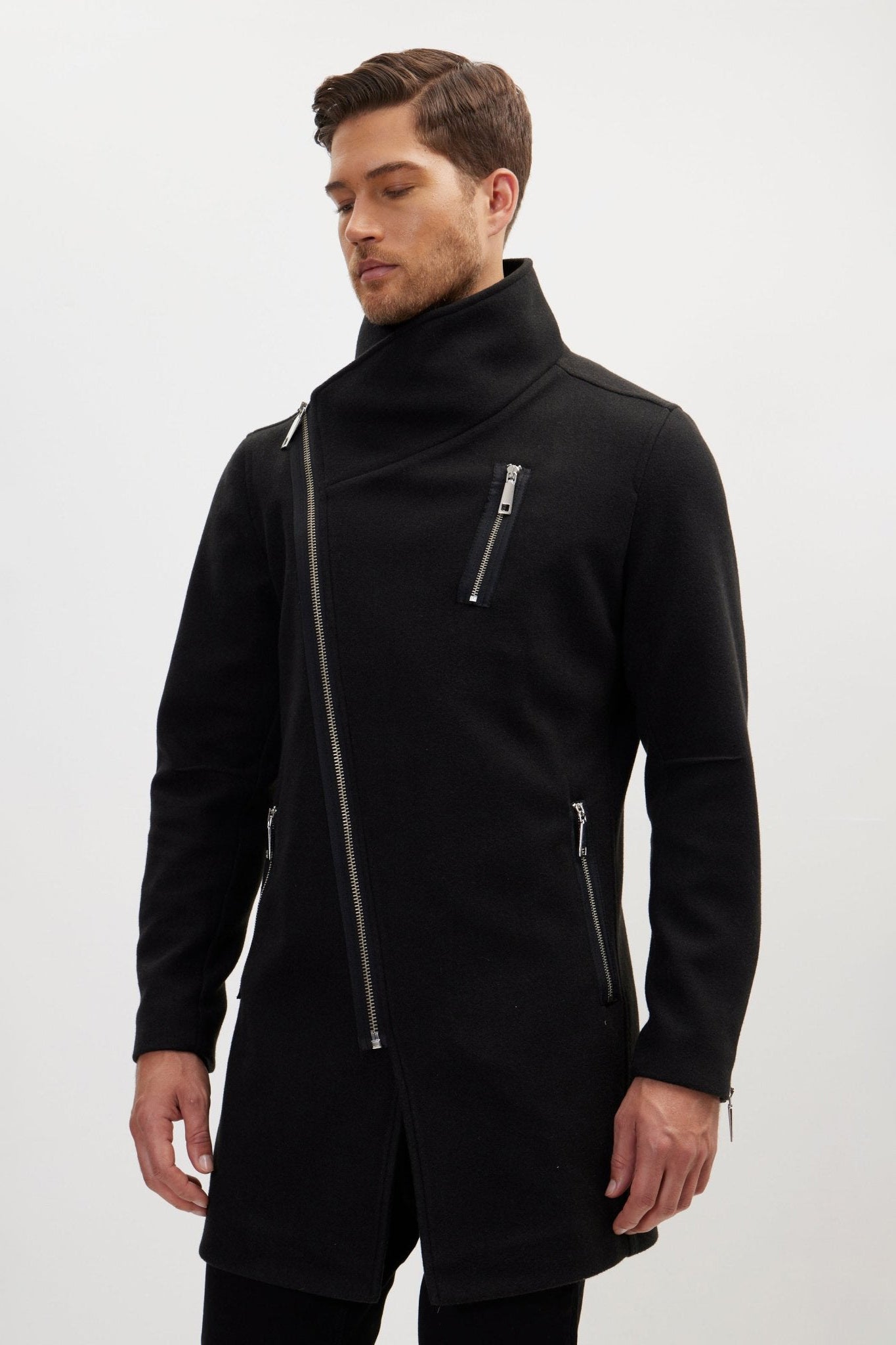 ジャケット・アウター Golem asymmetrical button long coat Men's Asymmetrical Faux Shearling Overcoat - Black | Ron Tomson