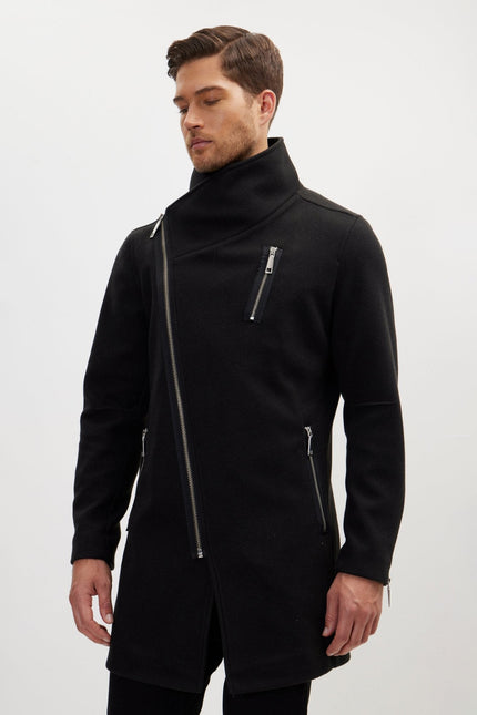 Men's Asymmetrical Faux Shearling Overcoat - Black | Ron Tomson