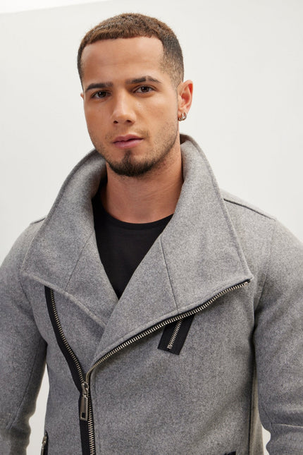 Men's Asymmetrical Faux Shearling Overcoat - Grey | Ron Tomson
