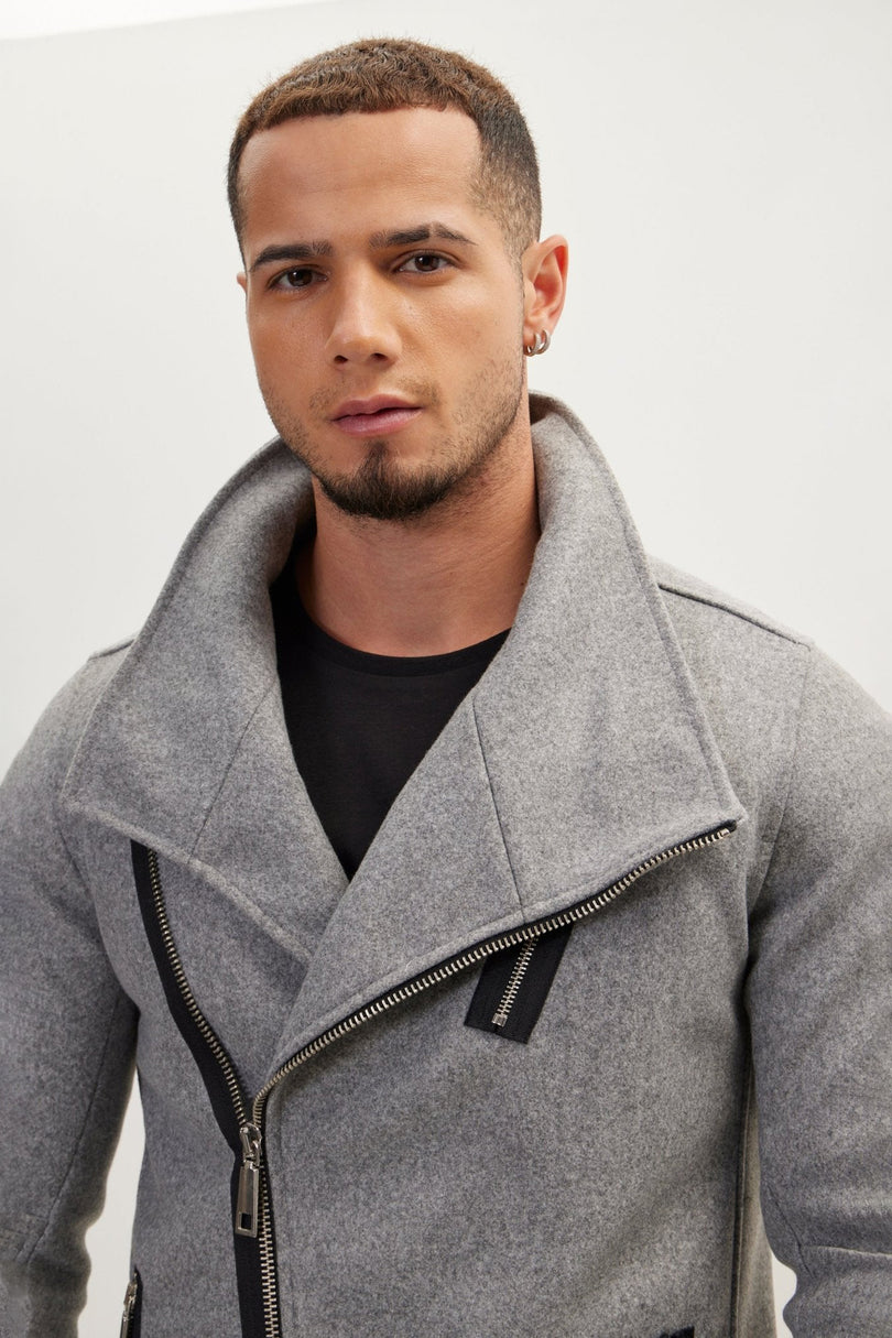 Men's Asymmetrical Faux Shearling Overcoat - Grey | Ron Tomson