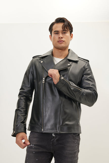 Men's Falcon Asymmetric Leather Jacket - Black | Ron Tomson