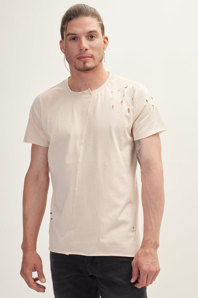 Men's Asymmetric Stitched Distorted T-Shirt - Stone | Ron Tomson