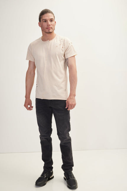 Men's Asymmetric Stitched Distorted T-Shirt - Stone | Ron Tomson