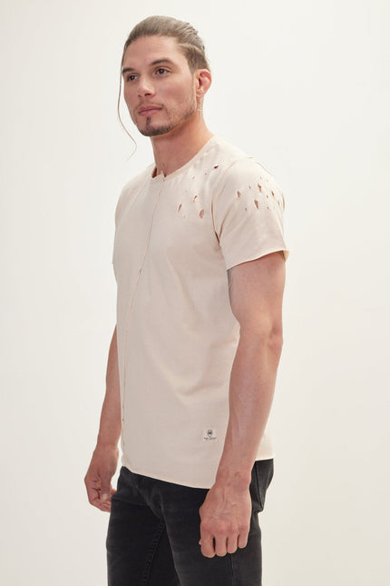 Men's Asymmetric Stitched Distorted T-Shirt - Stone | Ron Tomson