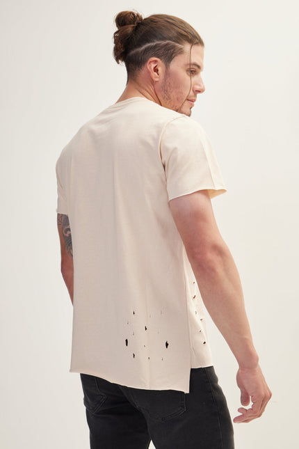 Men's Asymmetric Stitched Distorted T-Shirt - Stone | Ron Tomson