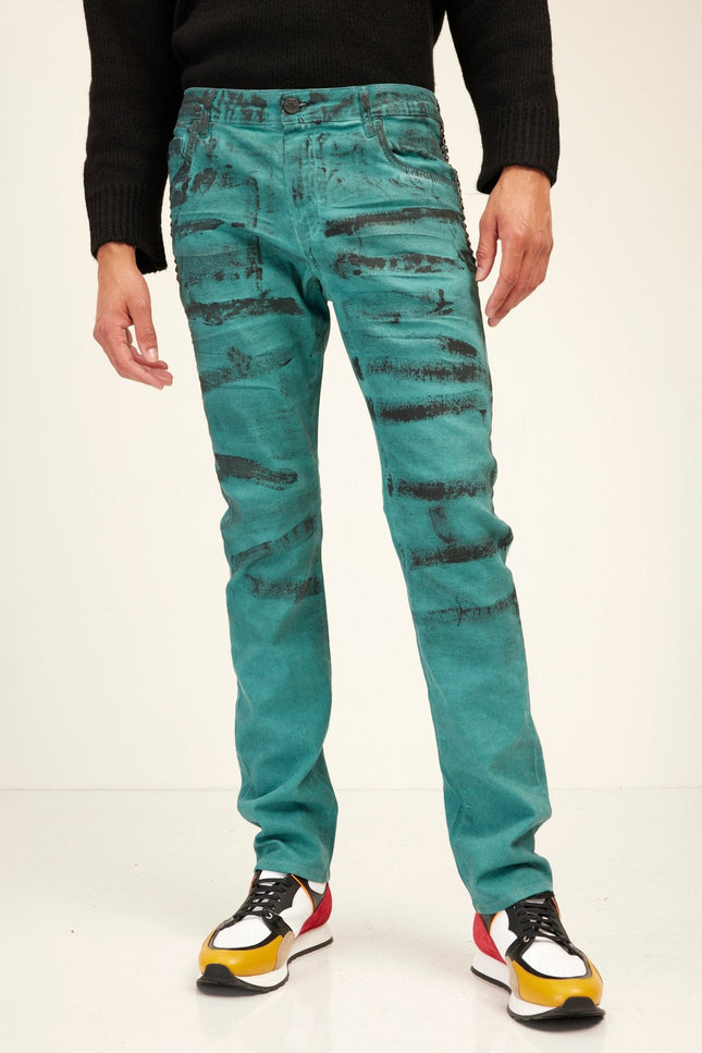 Paint-Swiped Denim Jeans - Dark Green