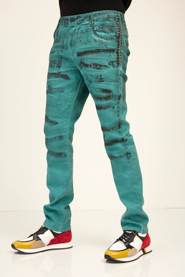 Paint-Swiped Denim Jeans - Dark Green