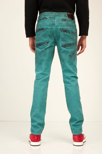 Men's Paint-Swiped Denim Jeans - Dark Green | Ron Tomson