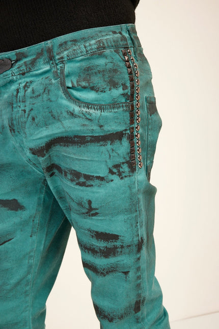 Men's Paint-Swiped Denim Jeans - Dark Green | Ron Tomson