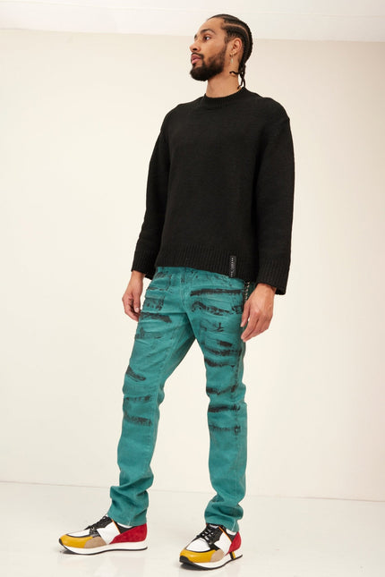 Men's Paint-Swiped Denim Jeans - Dark Green | Ron Tomson
