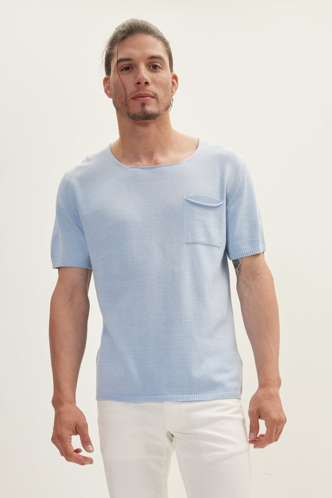 Men's Knitted Crew T-Shirt - Blue | Ron Tomson