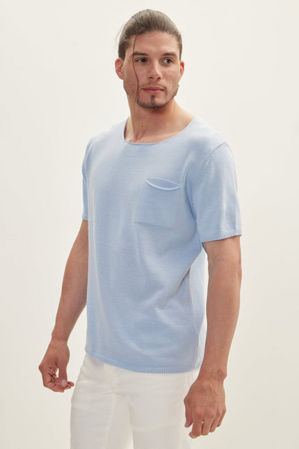 Men's Knitted Crew T-Shirt - Blue | Ron Tomson
