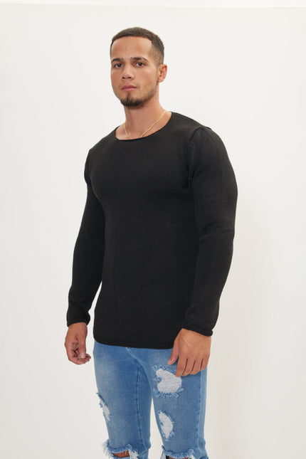 Men's Slim Crew-Neck Sweater - Black | Ron Tomson