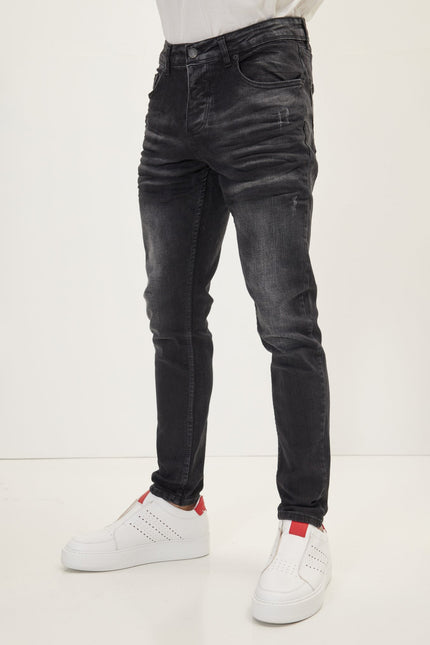 Men's Whiskers Wash Skinny Denim Jeans - Black | Ron Tomson