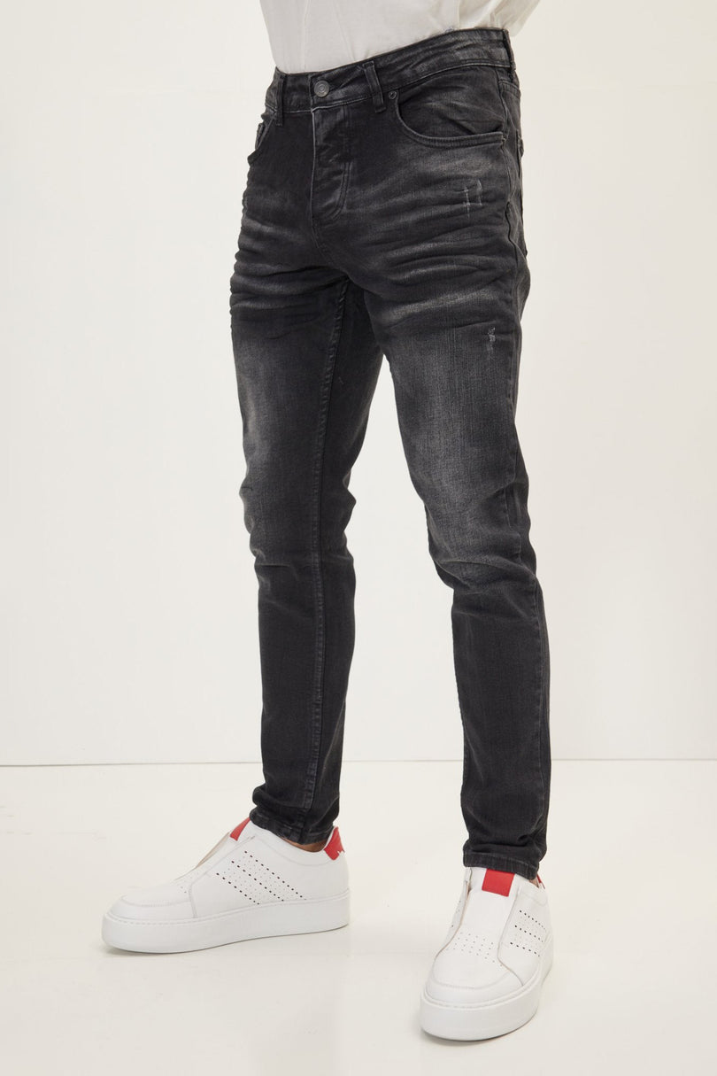 Men's Whiskers Wash Skinny Denim Jeans - Black | Ron Tomson