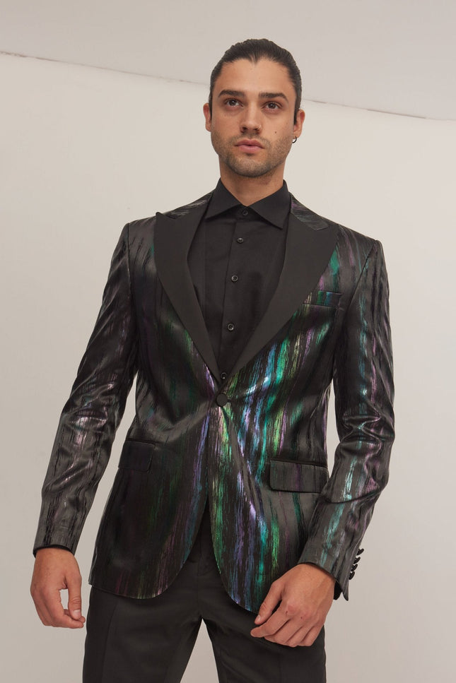 Brush Stroke Wet Look Peak Lapel Tuxedo Jacket - Multi