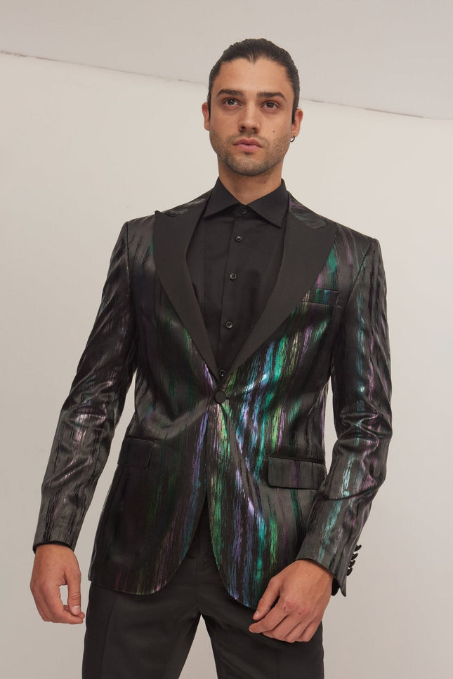 Men's Brush Stroke Wet Look Peak Lapel Tuxedo Jacket - Multi | Ron Tomson
